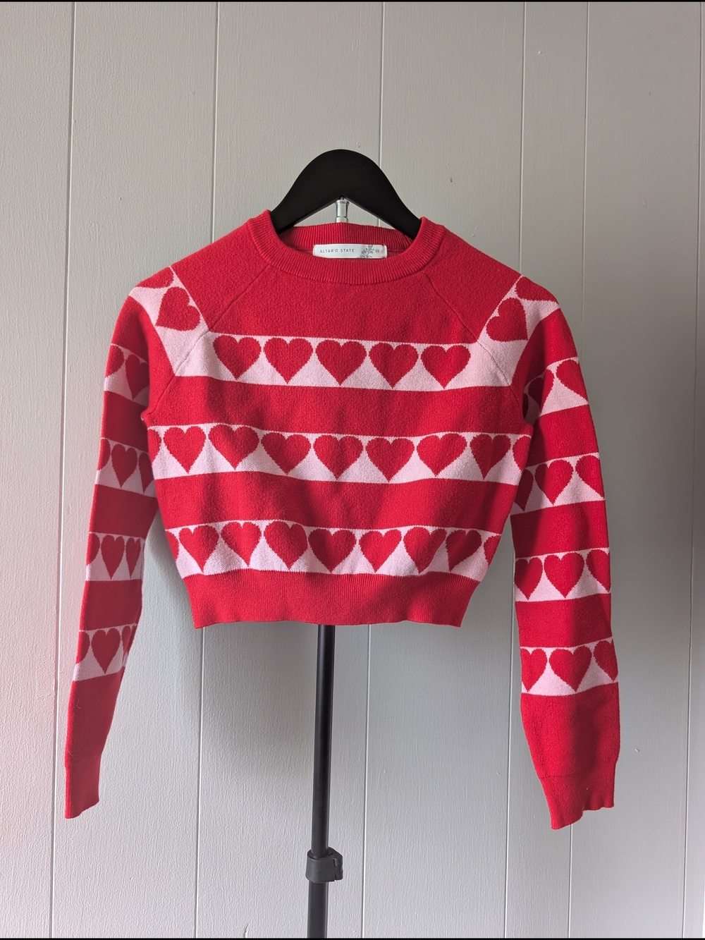 Altar'd State Red and Pink Heart Stripe Cropped Crewneck Sweater